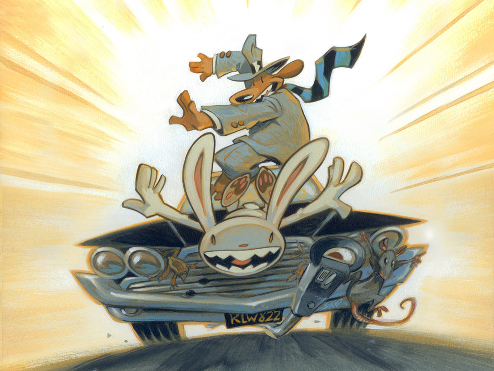 Sam and Max surfing on their car, having run over a parking meter. A scared rat is stuck to their car's grill